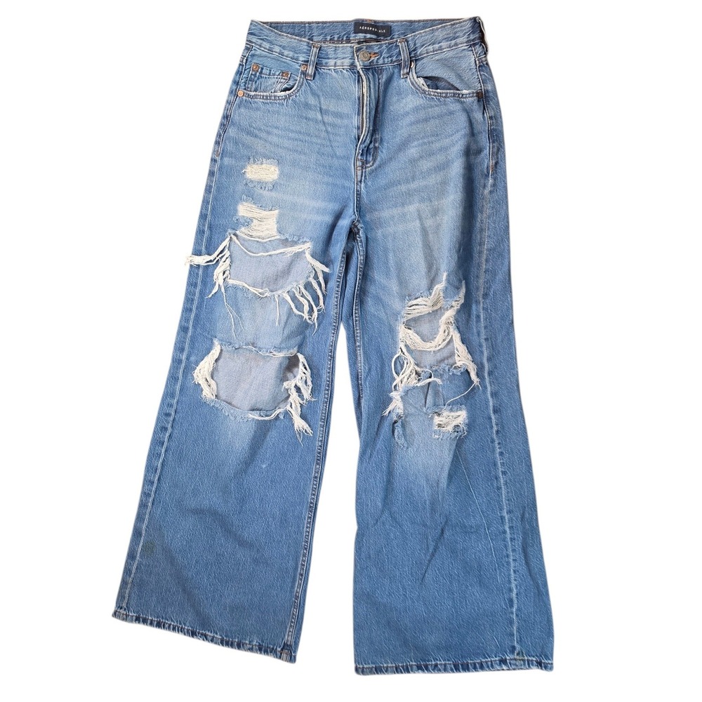 Aeropostale Womens High Rise Super Wide Leg‎ Distressed Blue Jeans Size 12 Reg